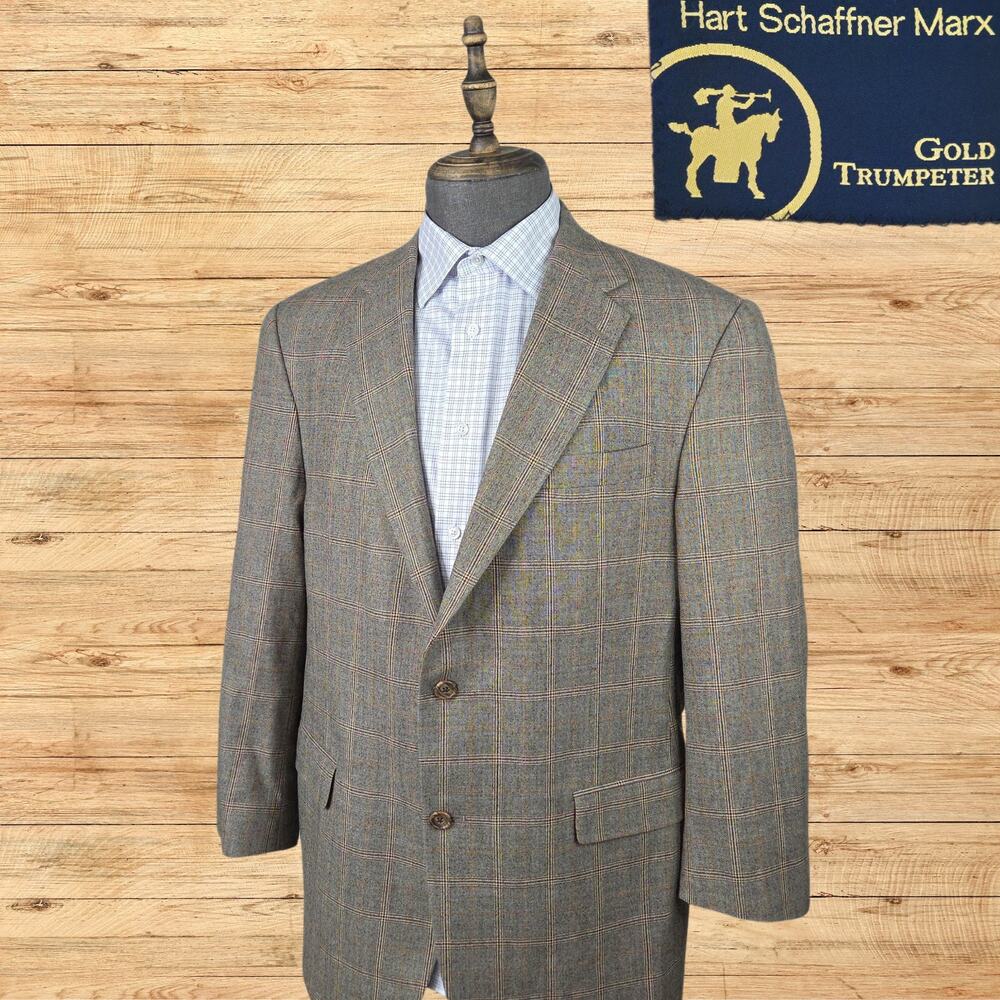 Hart Schaffner Marx Sport Coat Mens 44R Wool Light Brown 2 Button Gold Trumpeter